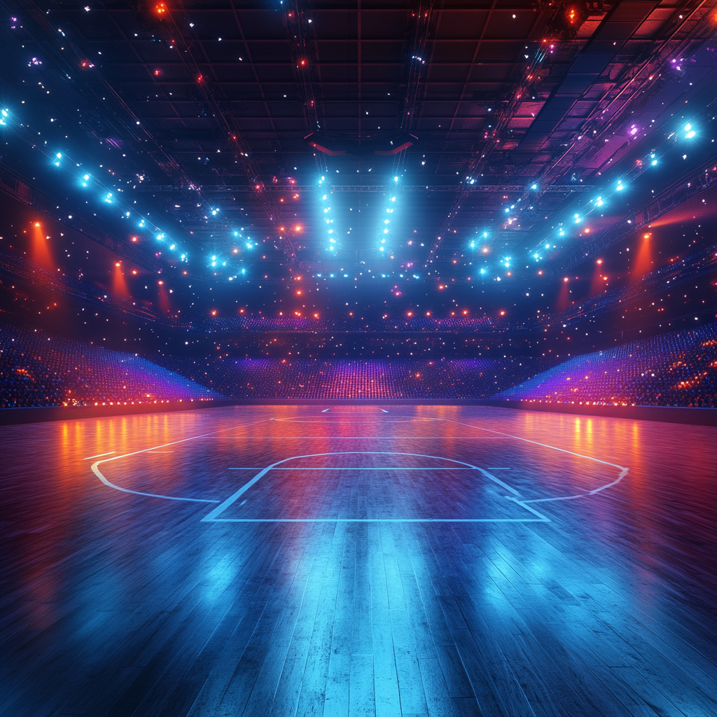 Olympics-themed sports event space with dynamic lighting.