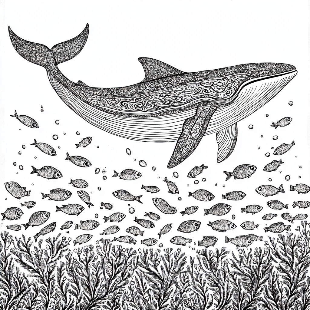 One baleen whale in the sea with sardines.