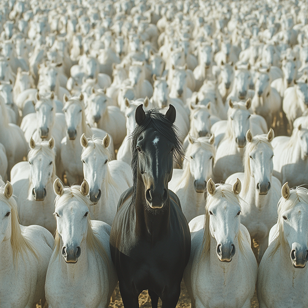 One black horse standing out in center.