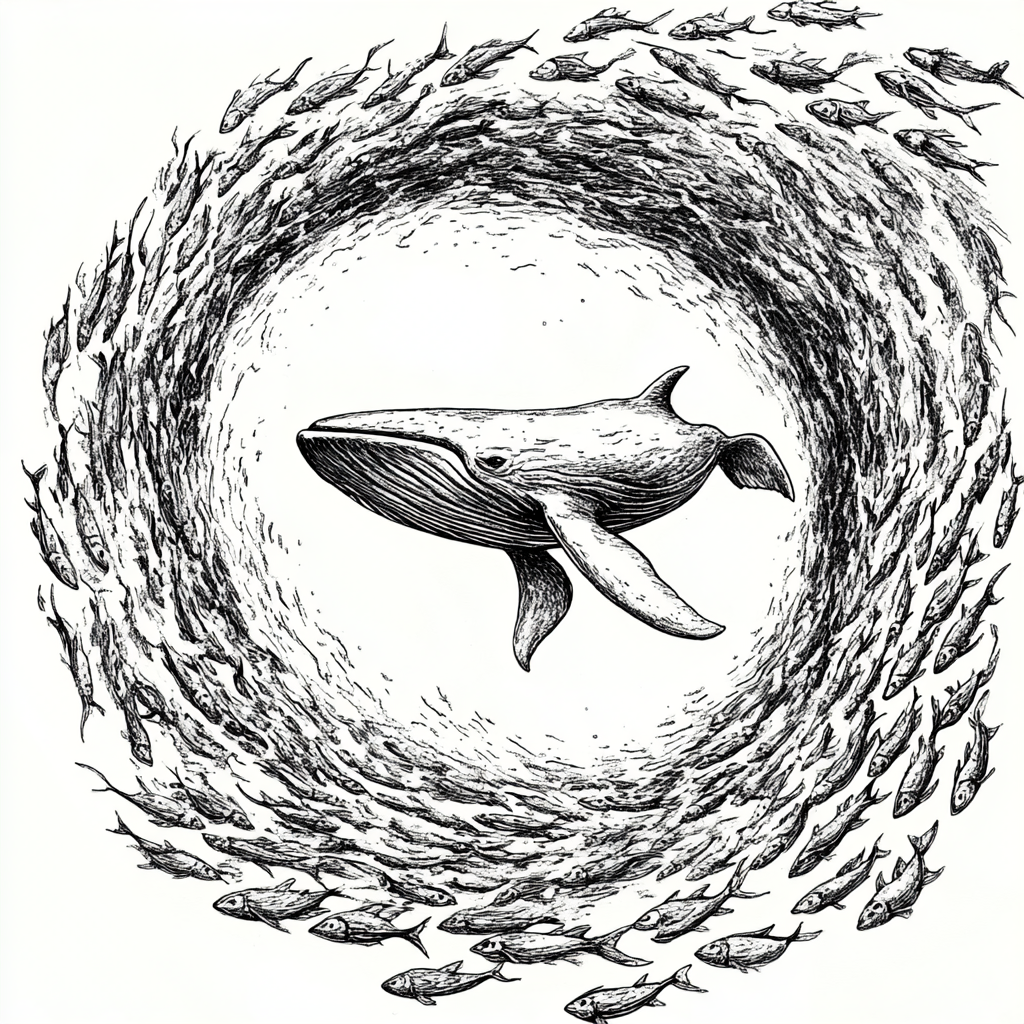 One blue whale among swirling sardines in the sea.