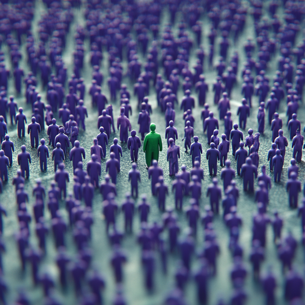 One green person surrounded by purple people, in lot.