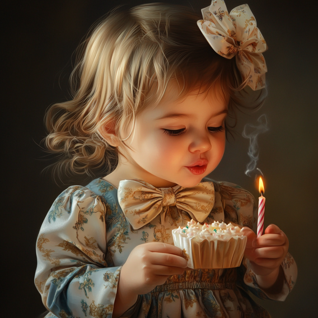 One-year-old Iranian girl blowing birthday candle in dress.