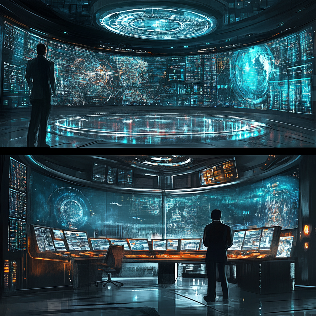 Opposing superpowers control rooms with advanced technology and holographics.