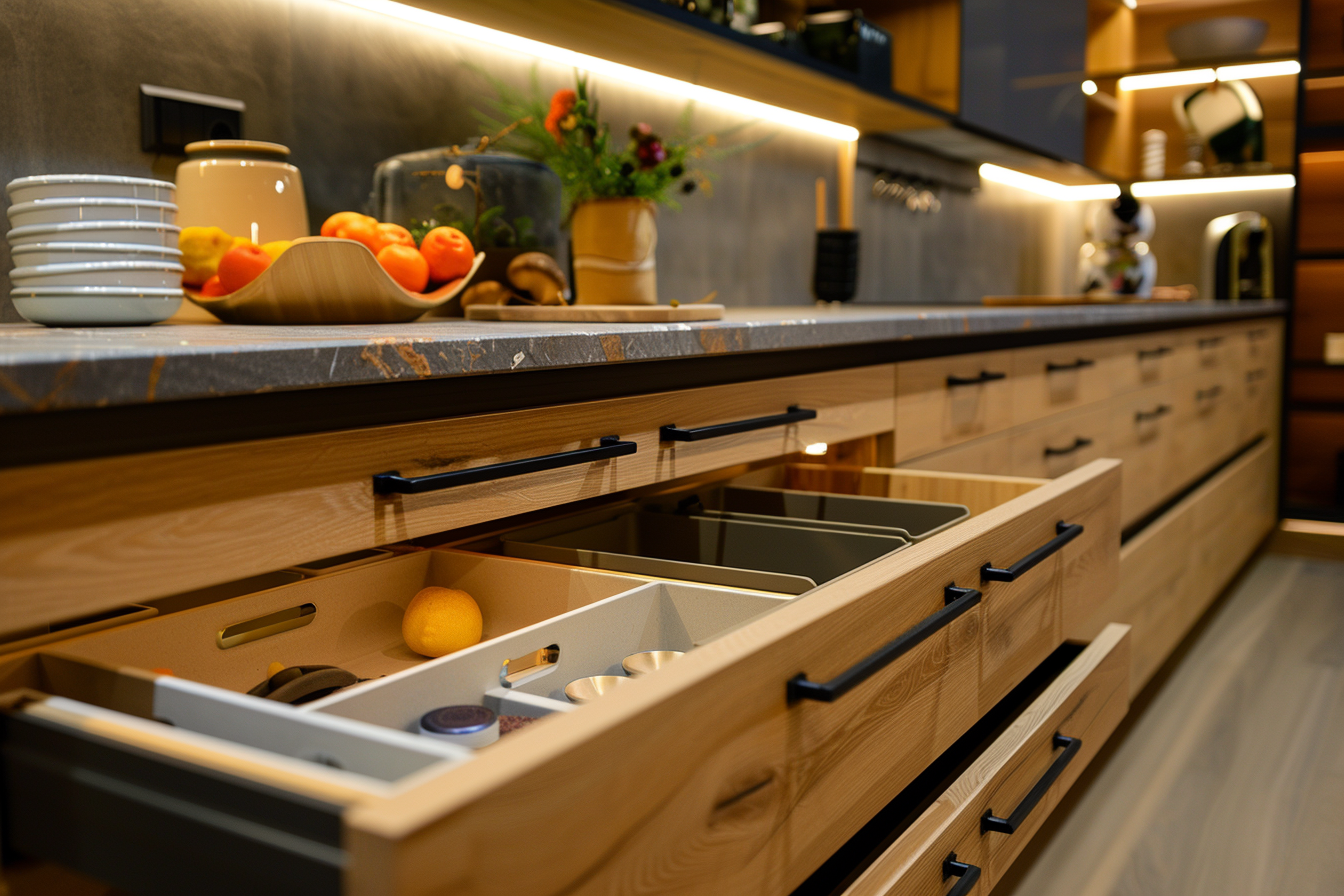 Optimized kitchen workspace with clutter-free countertop, drawers, shelves.