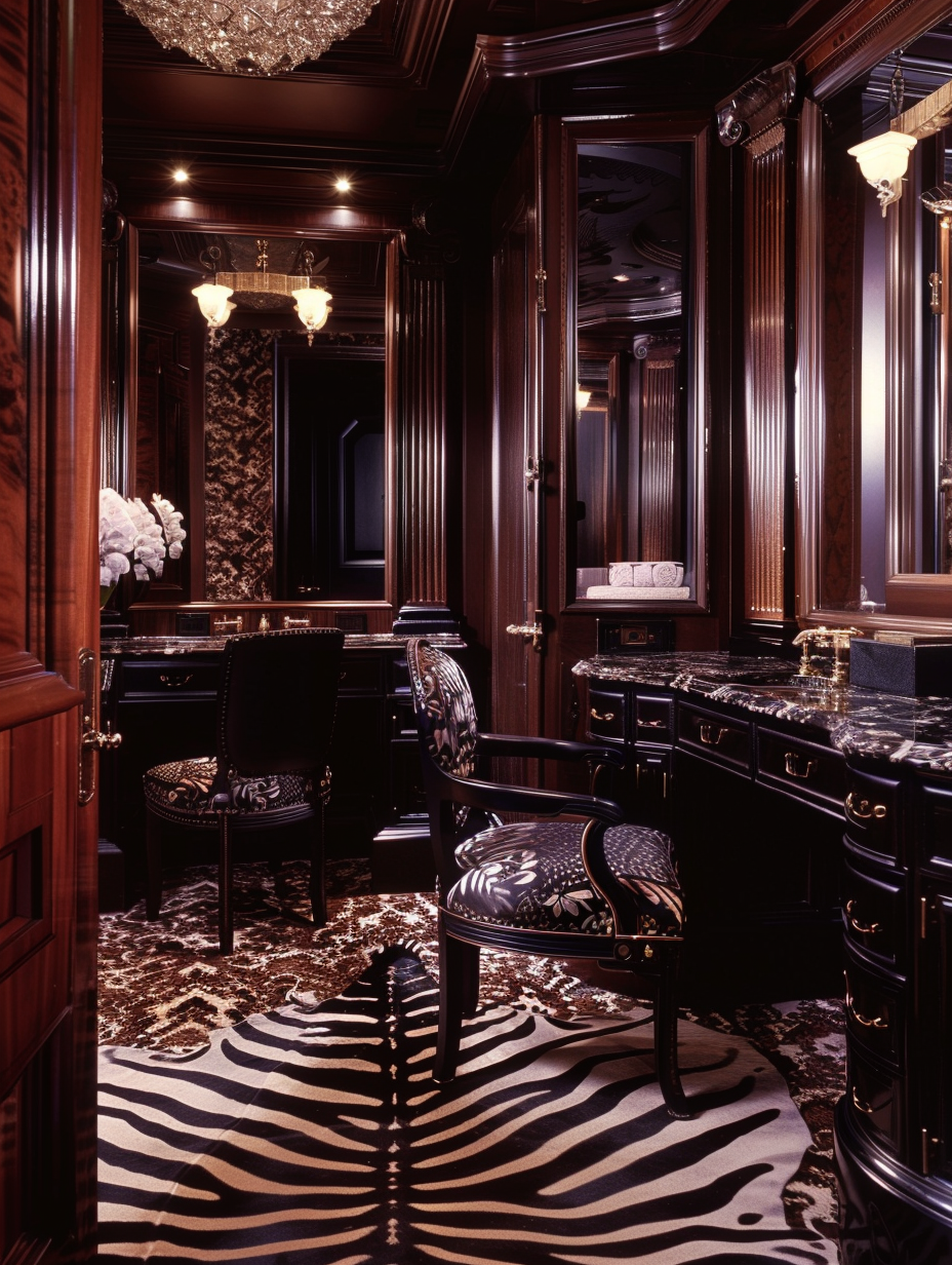 Opulent Art Deco cloakroom with zebra print carpet