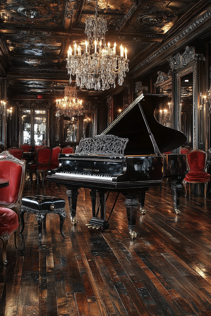 Opulent Gothic ballroom with dark tapestries and mirrors.