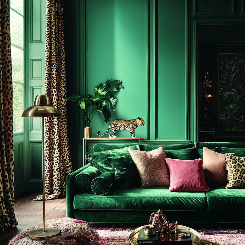 Opulent Living Room: Emerald Green & Petrol Sofa