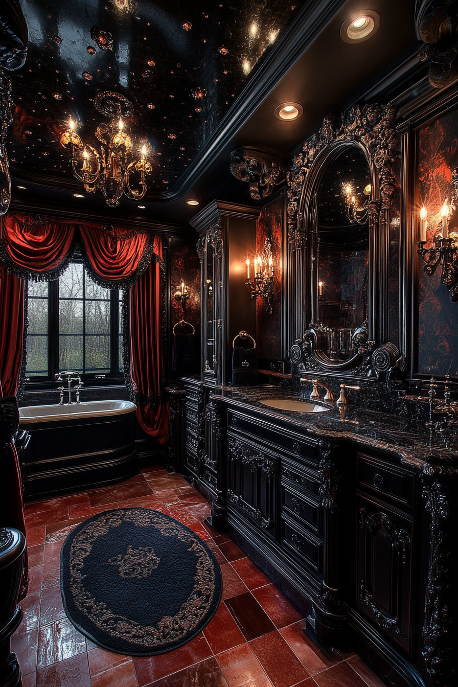 Opulent Western Gothic bathroom with Baroque and gothic details.