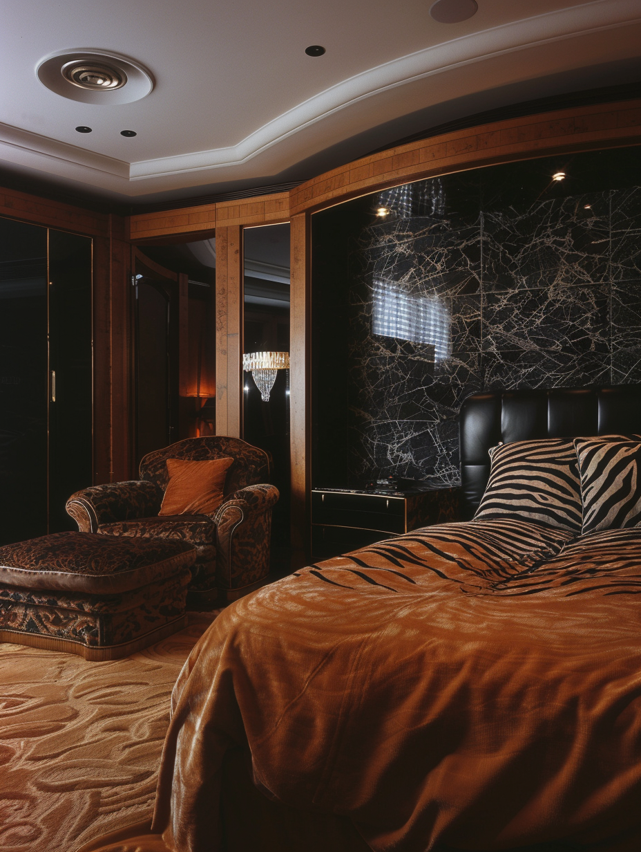 Opulent bedroom with zebra print and rich colors