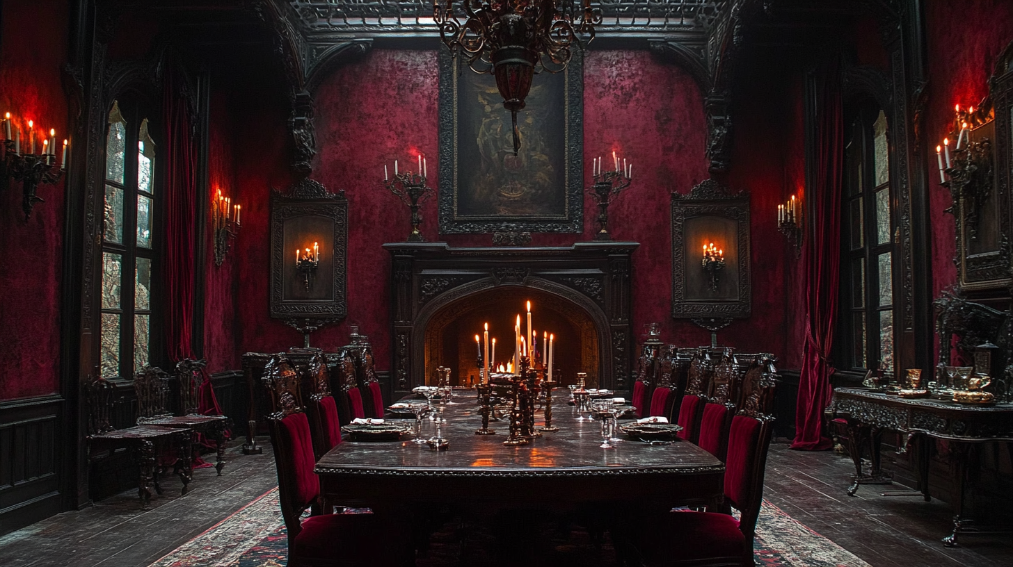 Opulent dining room with Gothic decor and regal ambience.