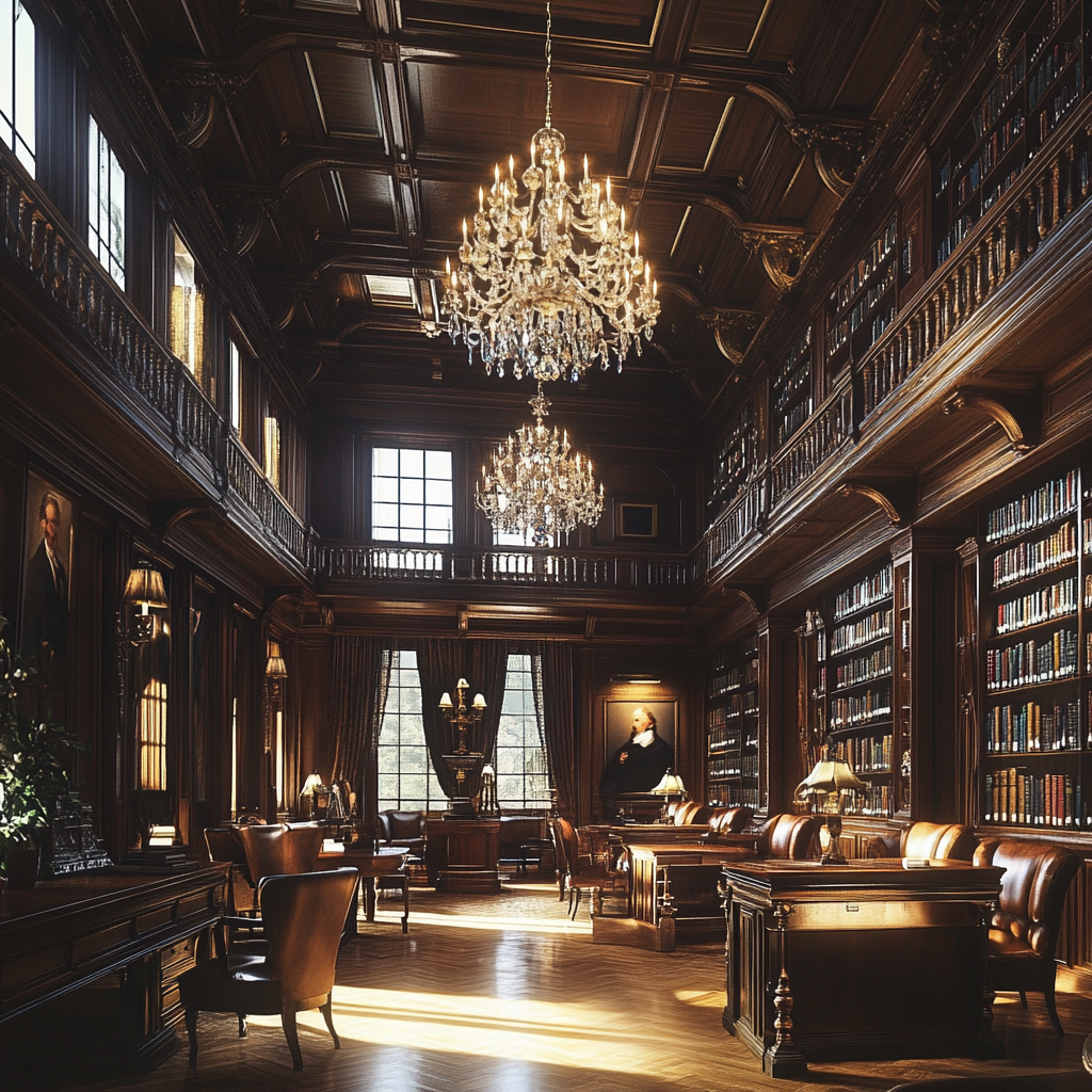 Opulent study hall with ancient books, crystal chandeliers.