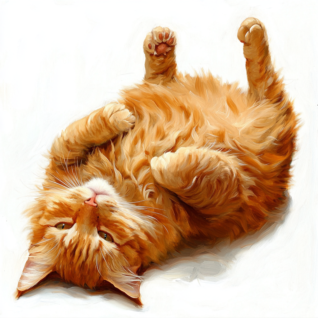 Orange cat laying on back with retracted paw, relaxed.