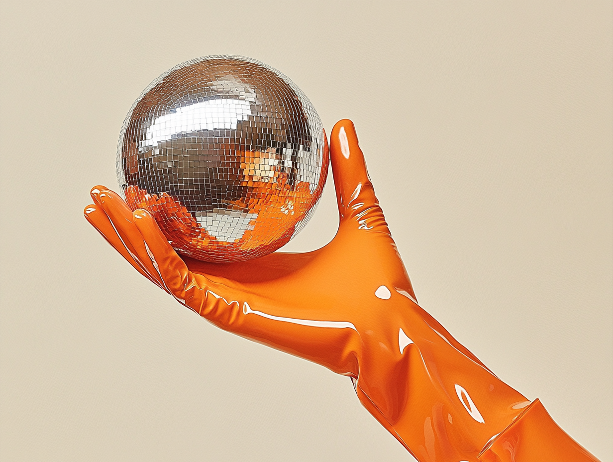 Orange glove holds disco ball in minimalistic style