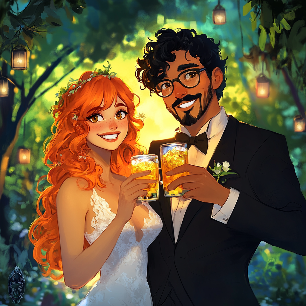 Orange-haired woman in wedding dress cheers with mustached man.