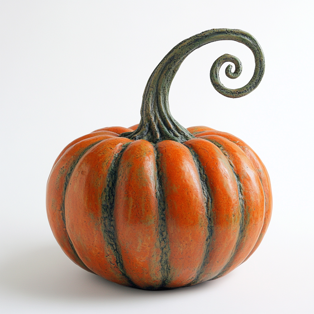 Orange pumpkin with green vine stem, white background.