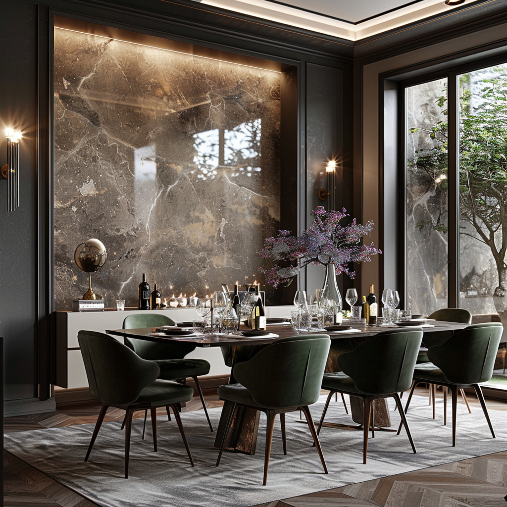 Organic dining room with modern luxury accents and decor.