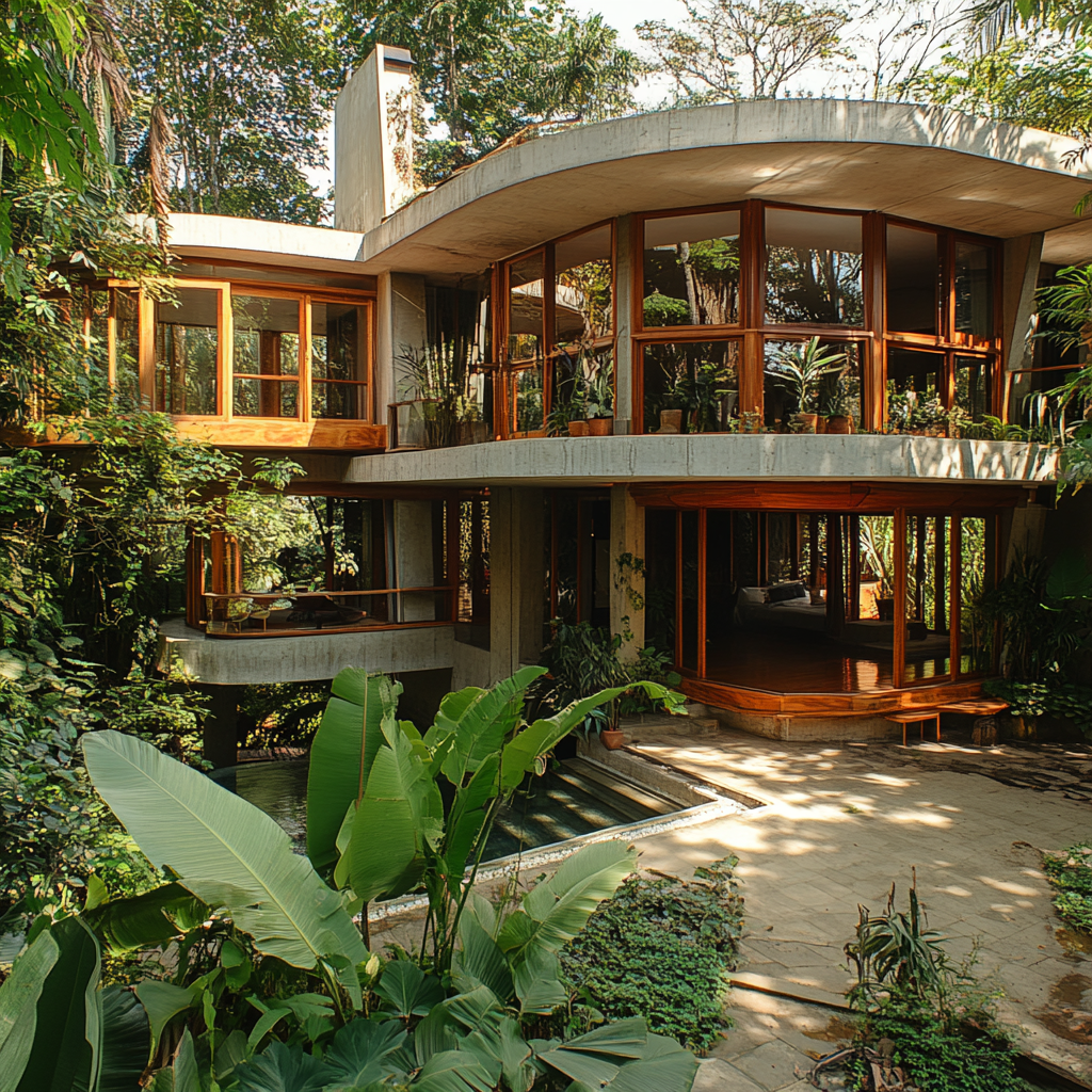 Organic modernist house in tropical forest with balcony.