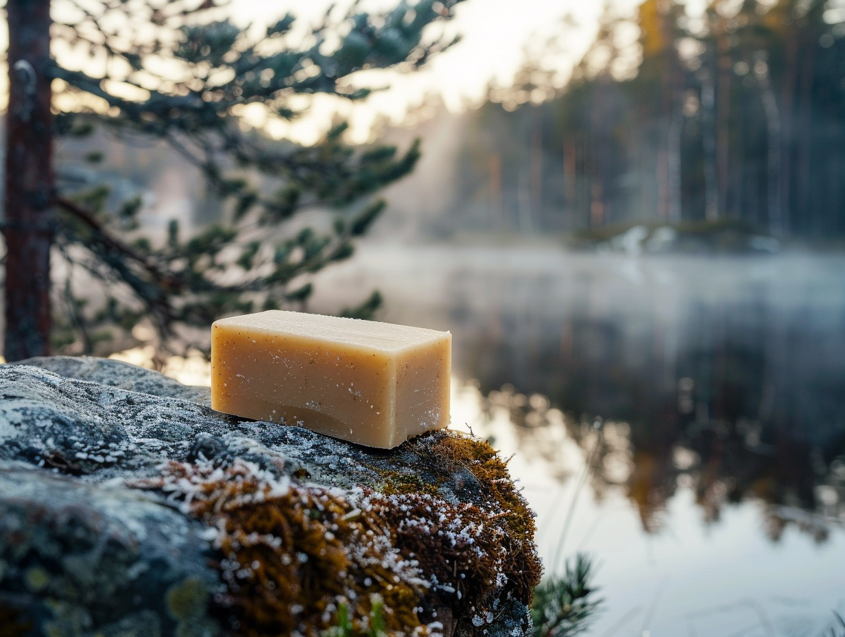 Organic soap bar on rocky forest with lake.