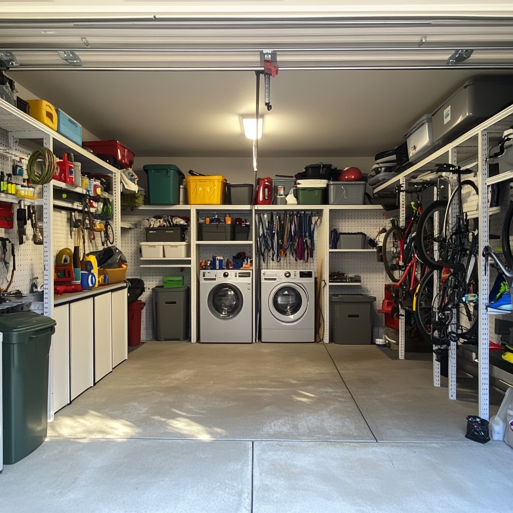 Organized garage with tools, bikes, and laundry storage.