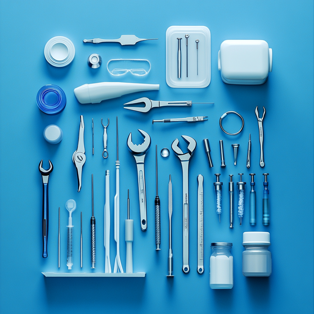 Organized tools and medical utensils in artistic arrangement.