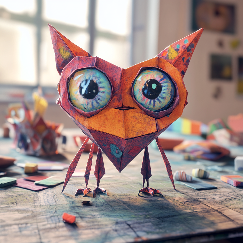 Origami character on messy crafts table with bright colors.