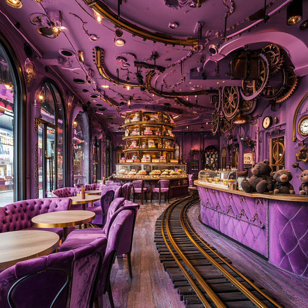 Ornate cake tower in purple café with train station vibes.