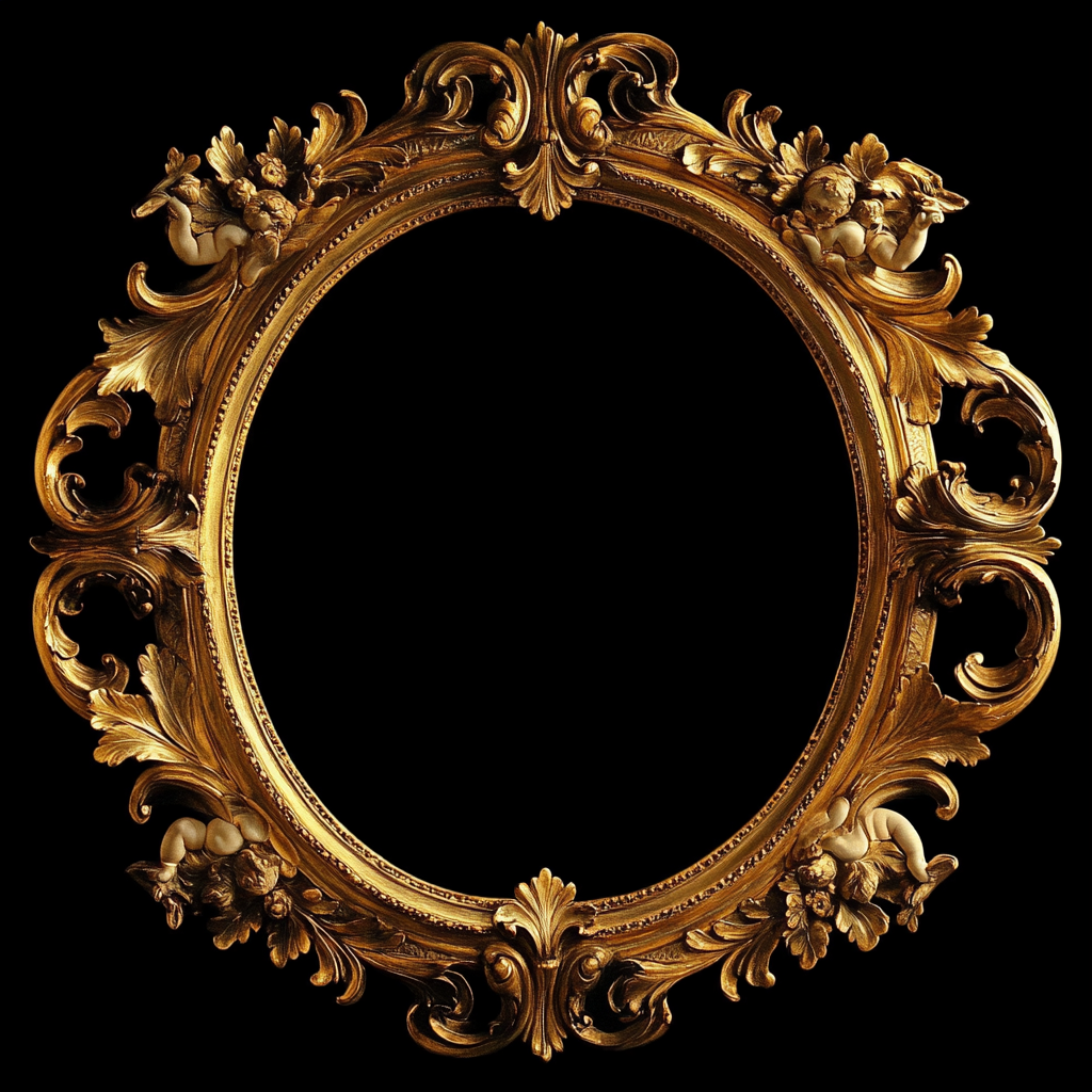 Ornate oval frame with gold leaf motifs, cherubs, curls.