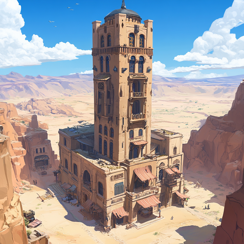 Ornate sandstone building surrounded by desert oasis with tower.