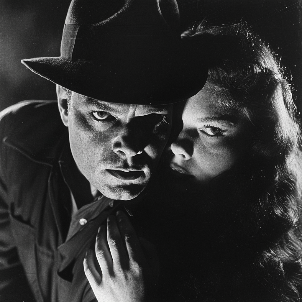 Orson Welles in fedora hat with woman dramatically hanging.