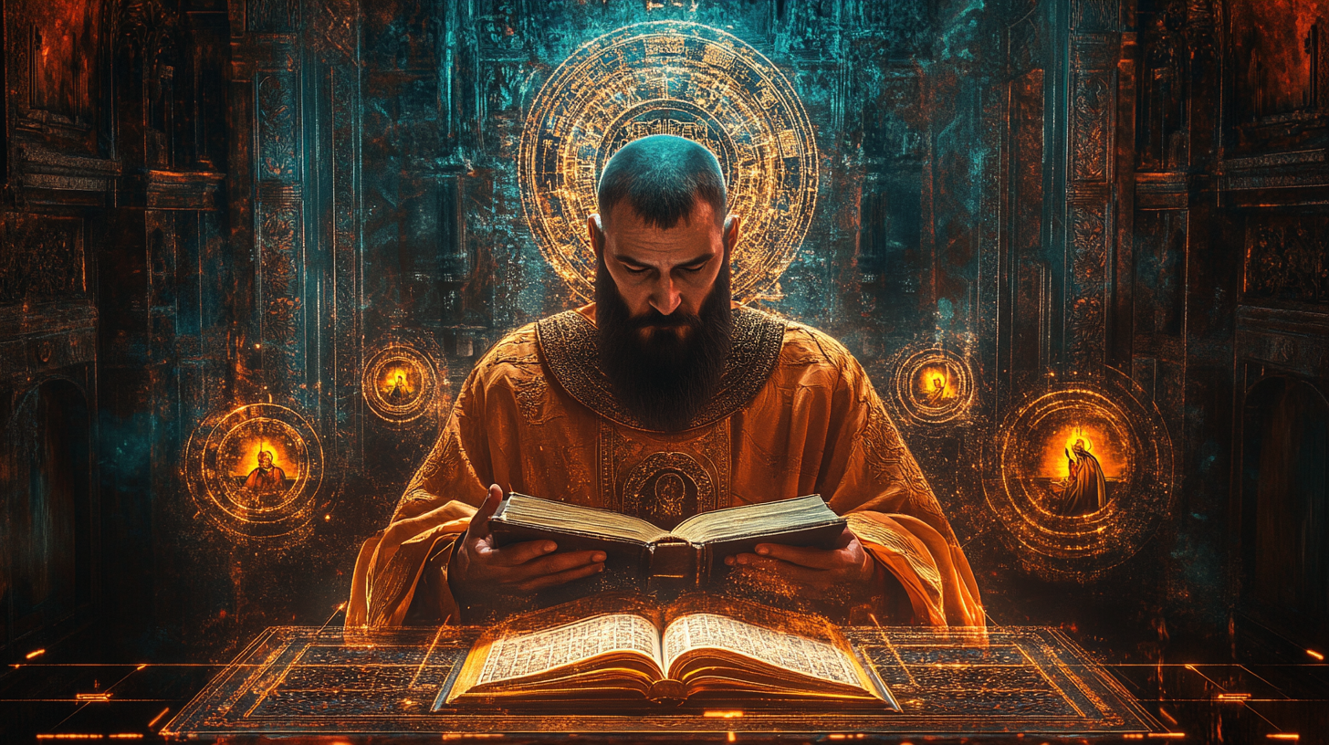 Orthodox Christian Monk Studies Sacred Knowledge with AI