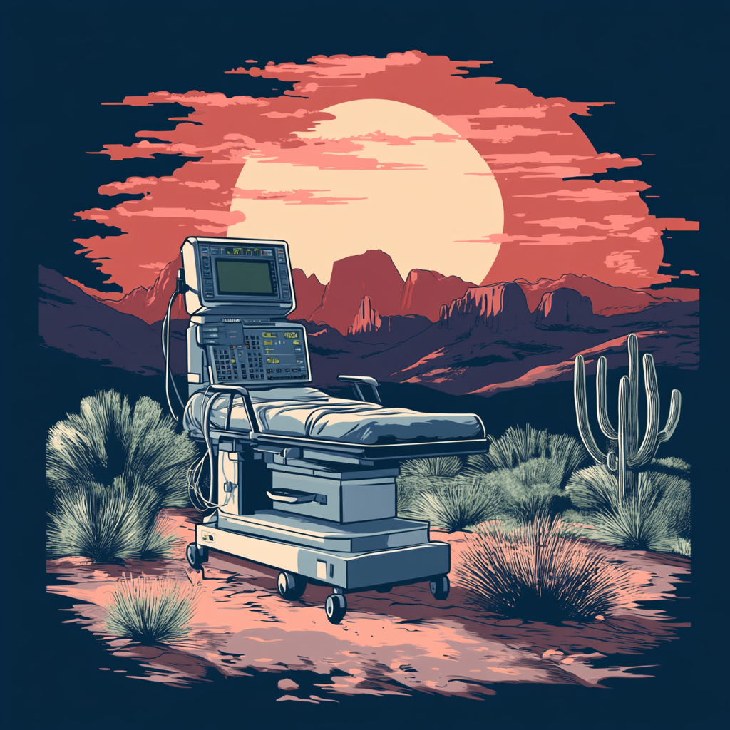 Outdoor Southwest scenery with anesthesia machine on shirt