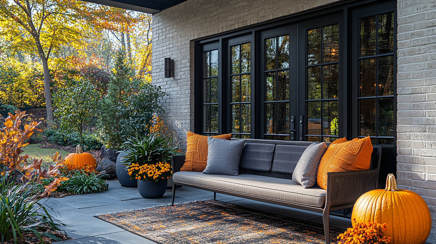 Outdoor bench with mid century Fall decor, welcoming atmosphere.