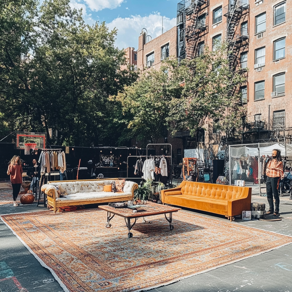 Outdoor living room with streetwear pop-up, DJ, coffee, cool people.