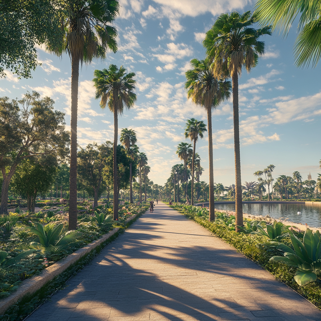 Outdoor park with palm trees, historical, empty, well-designed island.