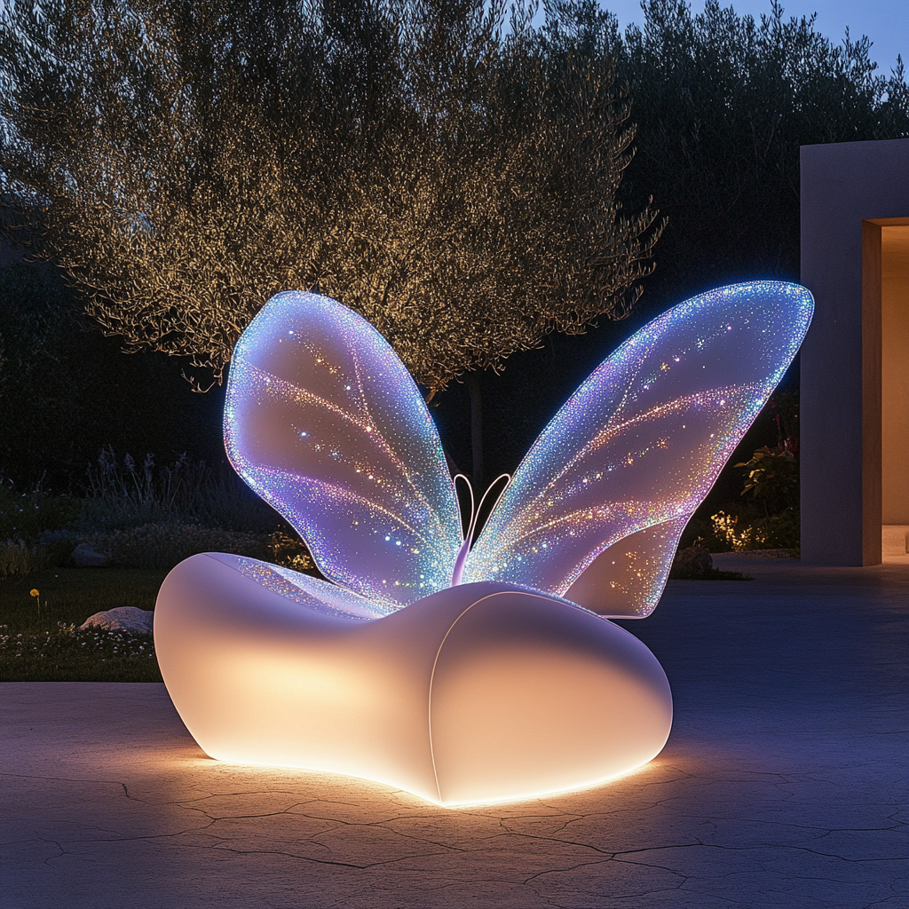 Outdoor seat with butterfly wings design, flickering LED lights.