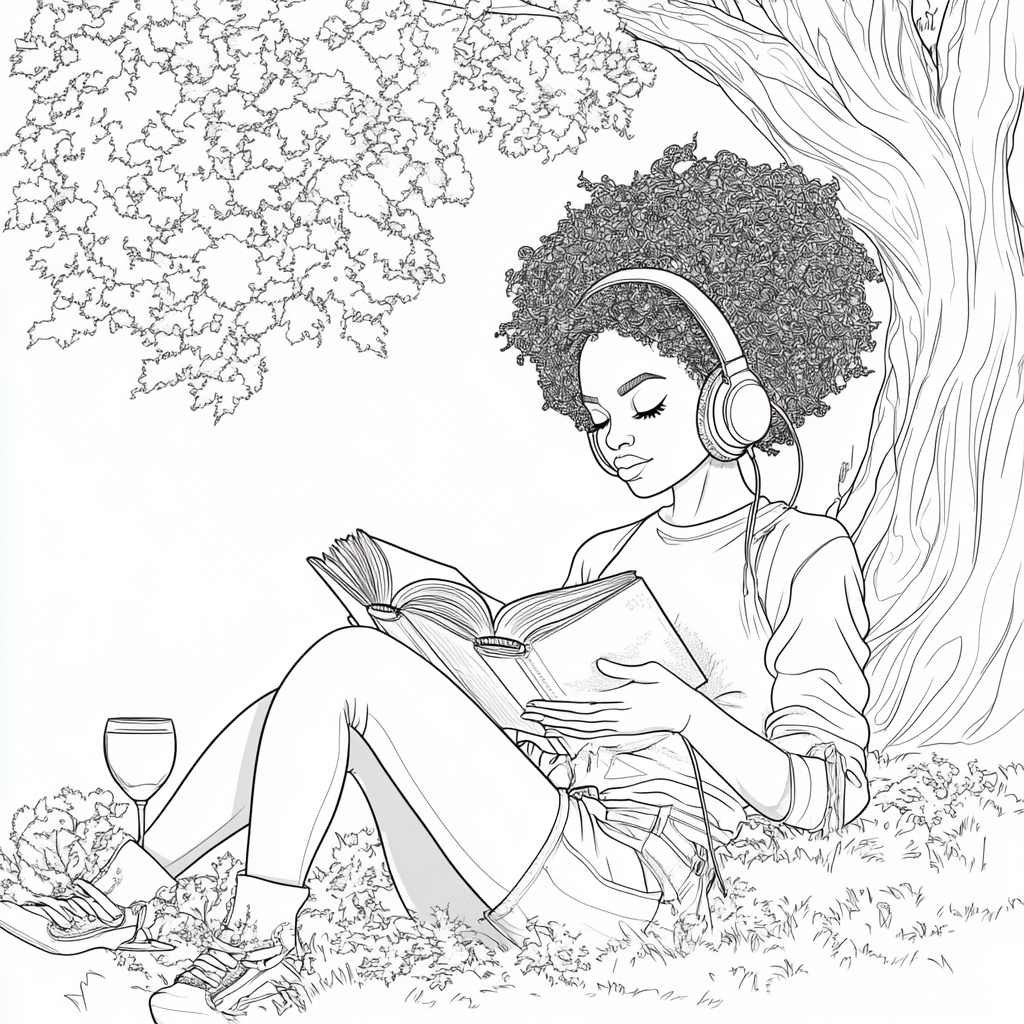 Outline of girl reading under tree with headphones & wine.