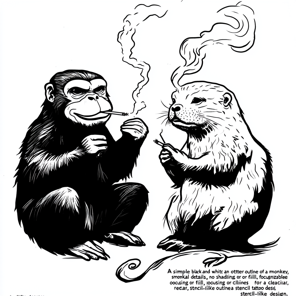 Outline of monkey and otter smoking together stencil design.