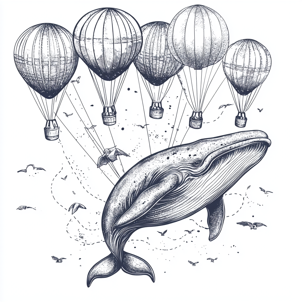 Outline whale with air balloons, simple, clean design.