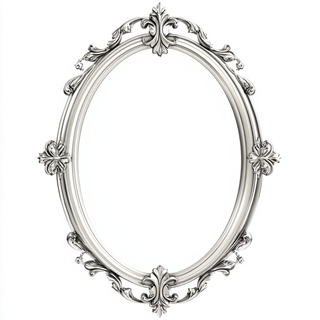 Oval silver frame with medieval fleur-de-lis ornaments.