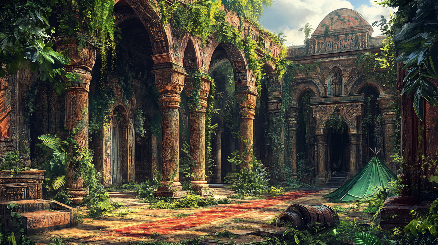 Overgrown ancient temple interior with futuristic tent and items.