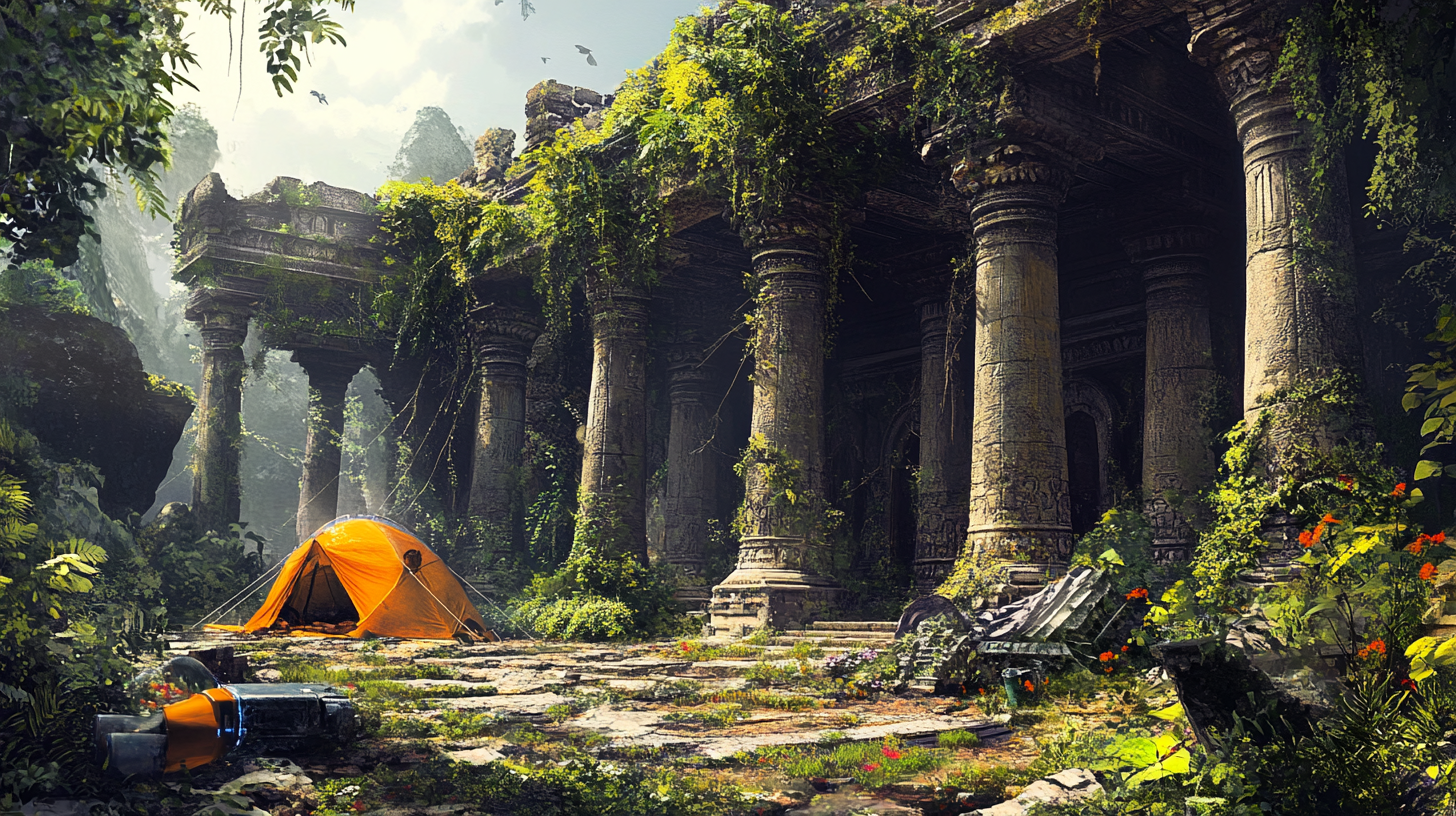 Overgrown forest takes over ancient temple with futuristic items.