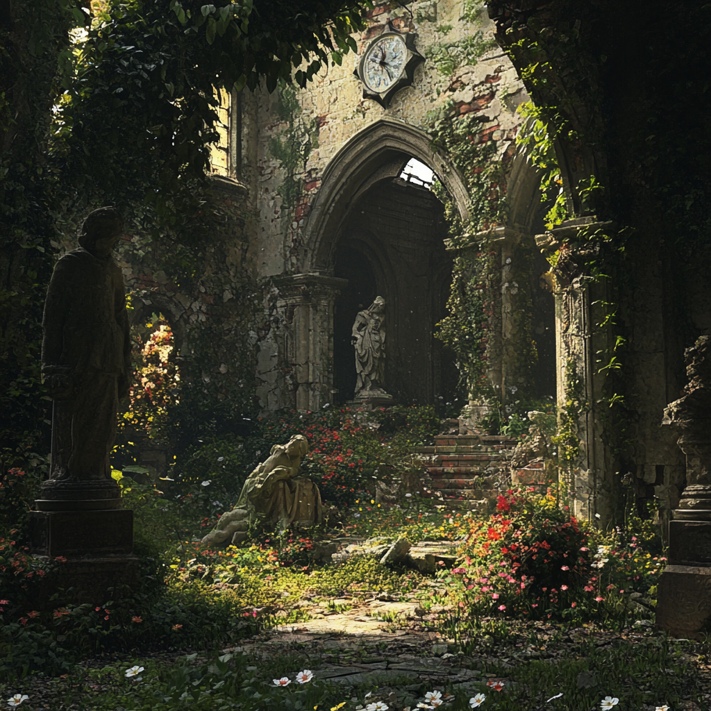 Overgrown garden in ruins with wildflowers and statues 