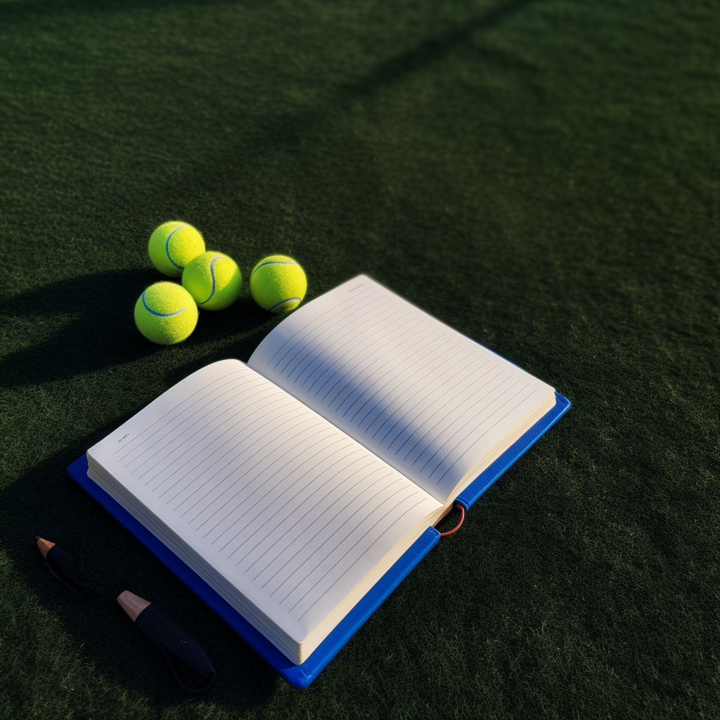 Overhead Tennis Balls & Notebook on Blue Court