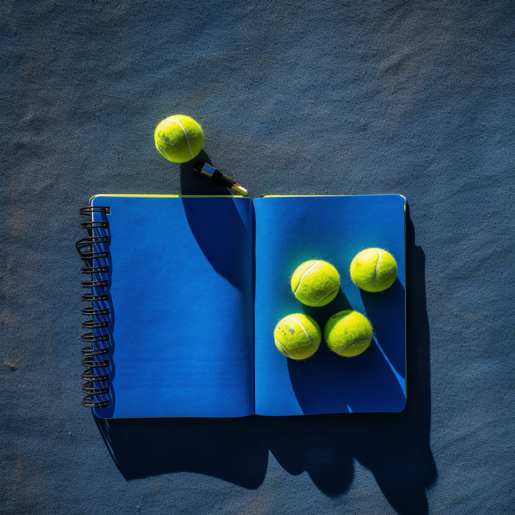 Overhead Tennis Balls & Notebook on Blue Padel Court