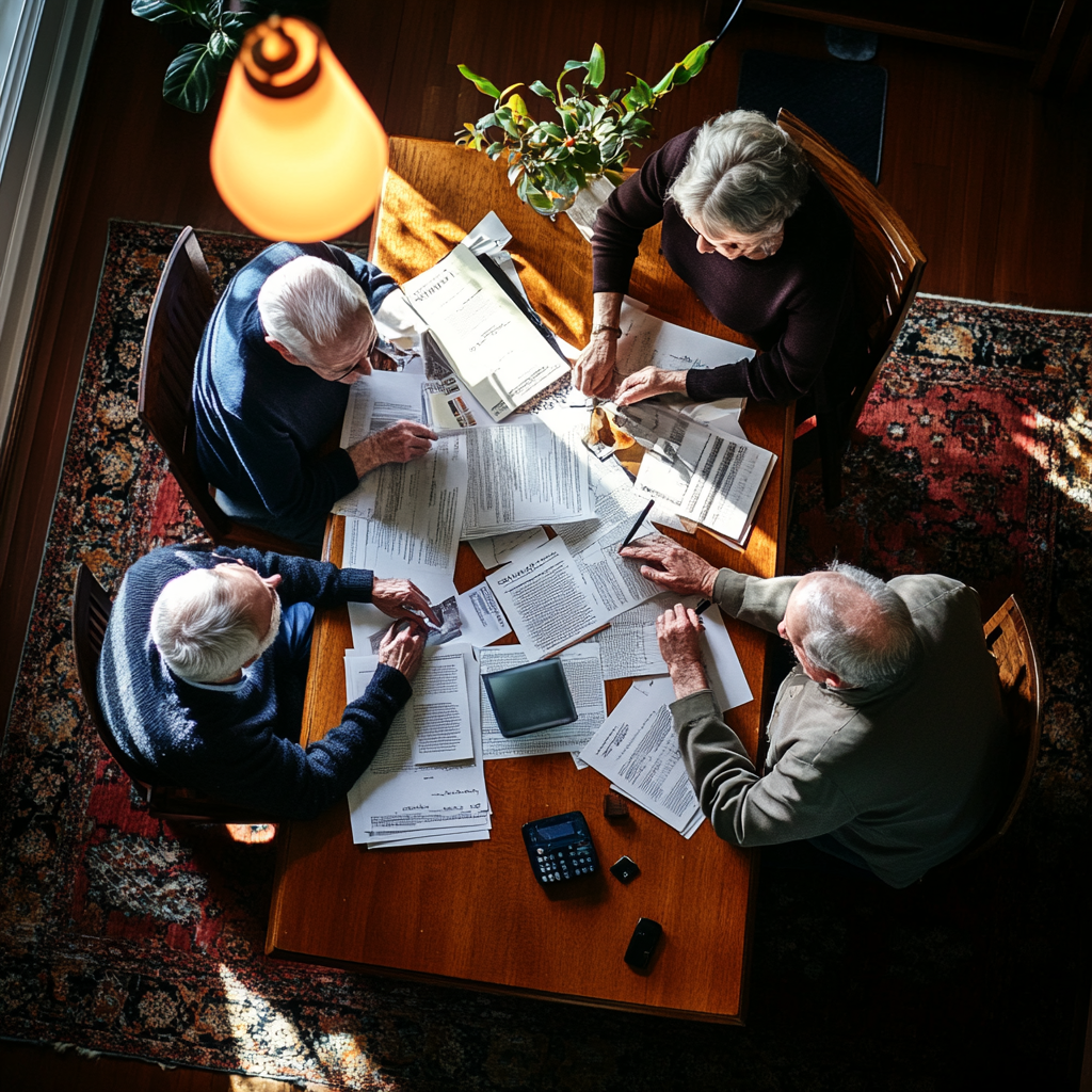 Overhead shot of elderly man, man, woman with bills