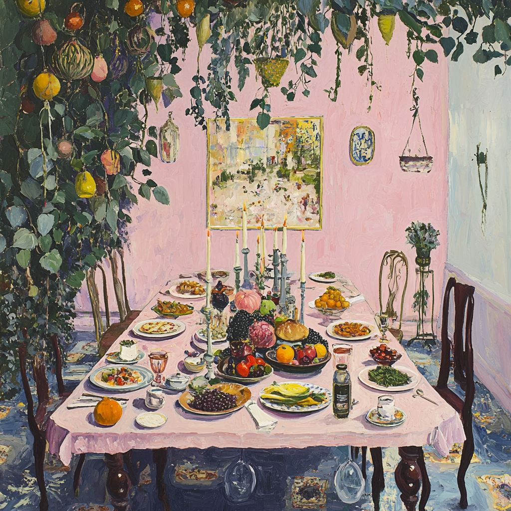 Overhead view of a busy pastel dining table.