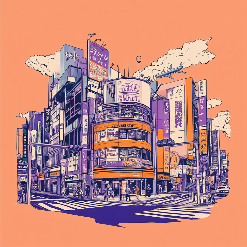 Oversized Asian-inspired orange T-shirt with city elements