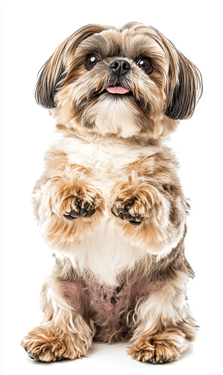 Overweight Shih-Tzu Dog Sitting, Happy, White Background, AR 3:5