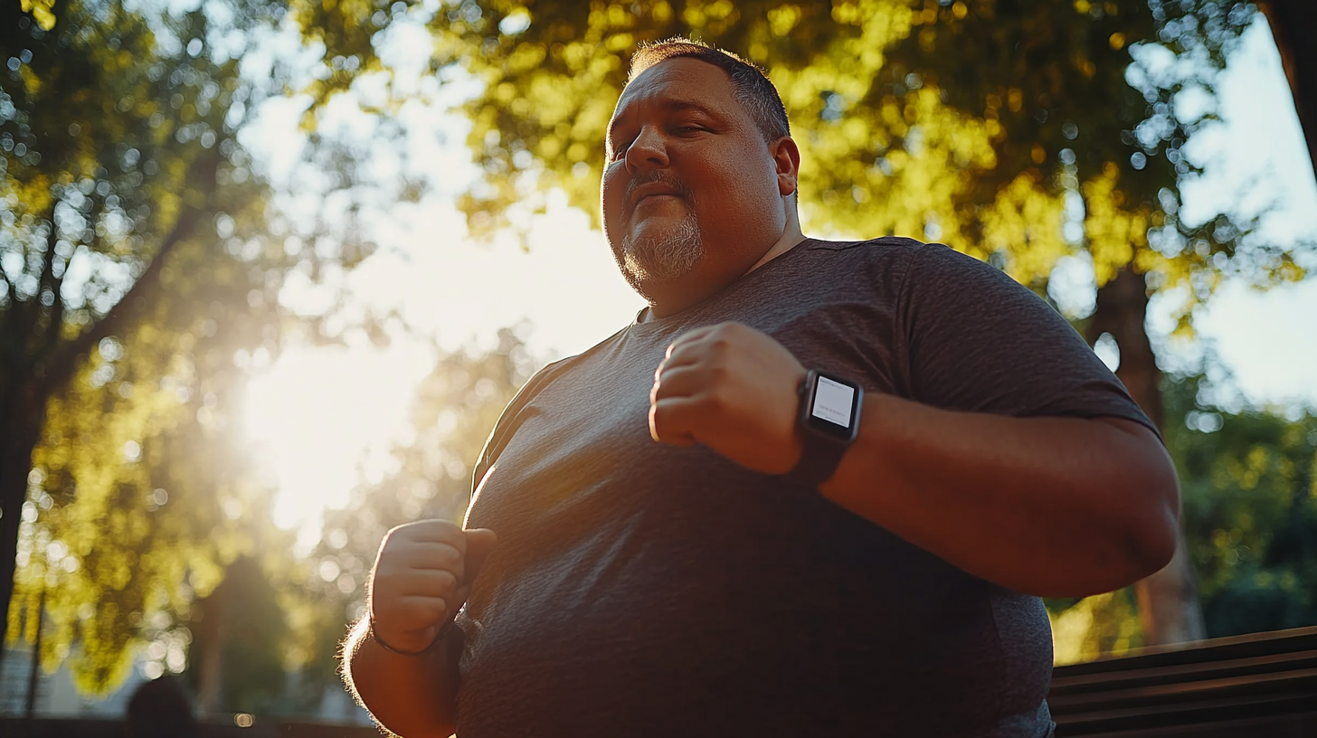 Overweight person exercising on park bleachers with smartwatch.