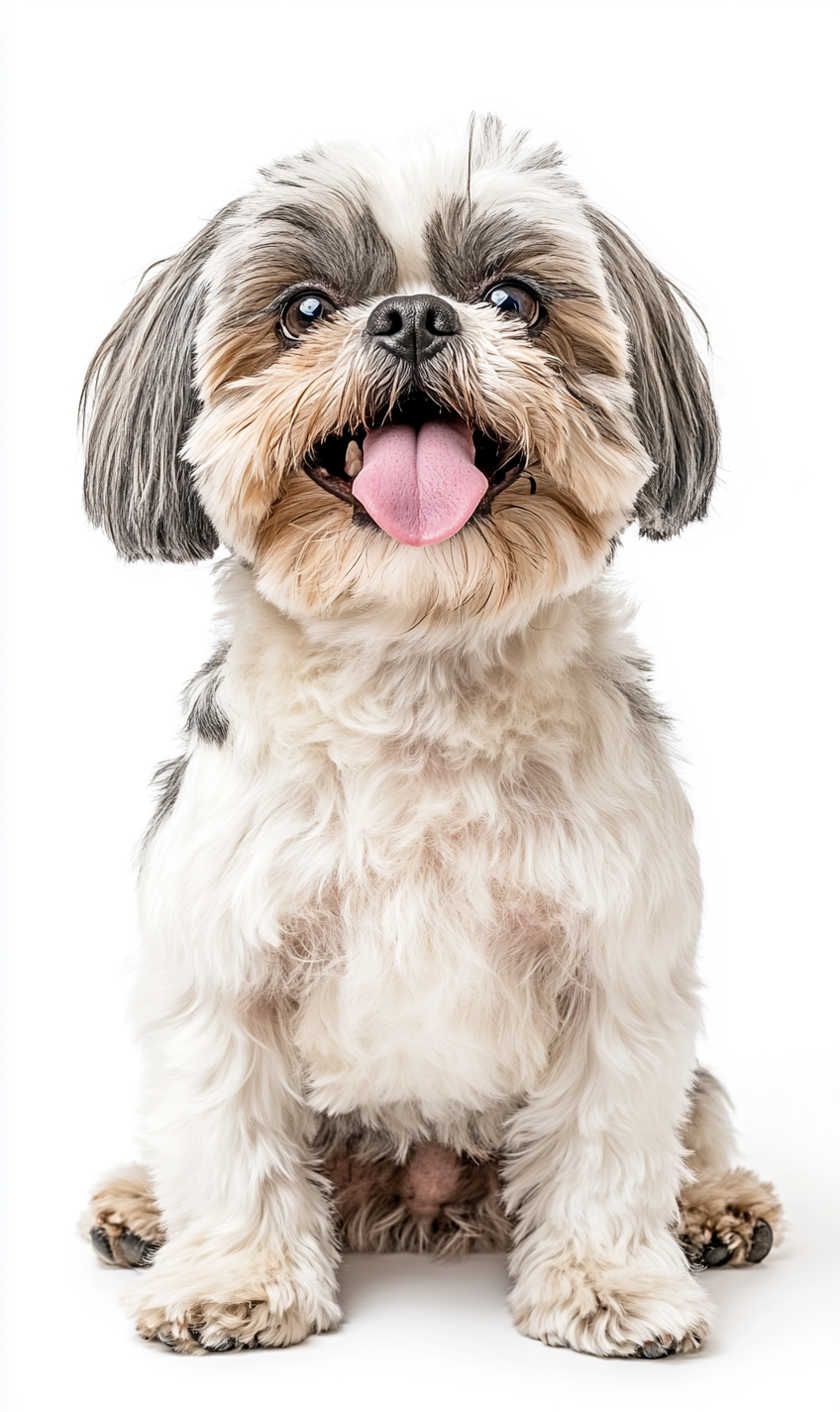 Overweight shih-tzu dog sitting, smiling, isolated on white